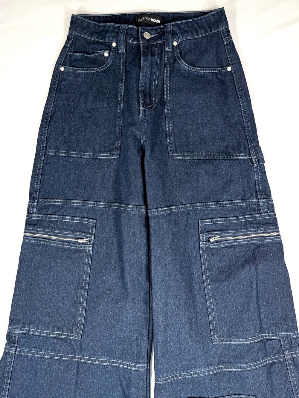 FASHION NOVA Womens Cargo Carpenter Wide Leg Jeans 3 Baggy Utility Streetwear - Picture 2 of 14
